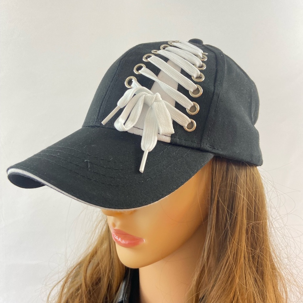 Black Cap with White Lace-Up Detail